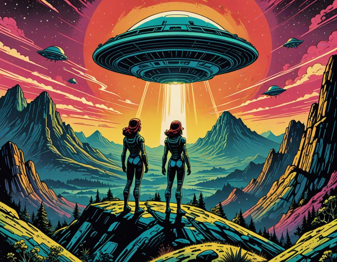 Retro Futuristic Women in Alien Encounter