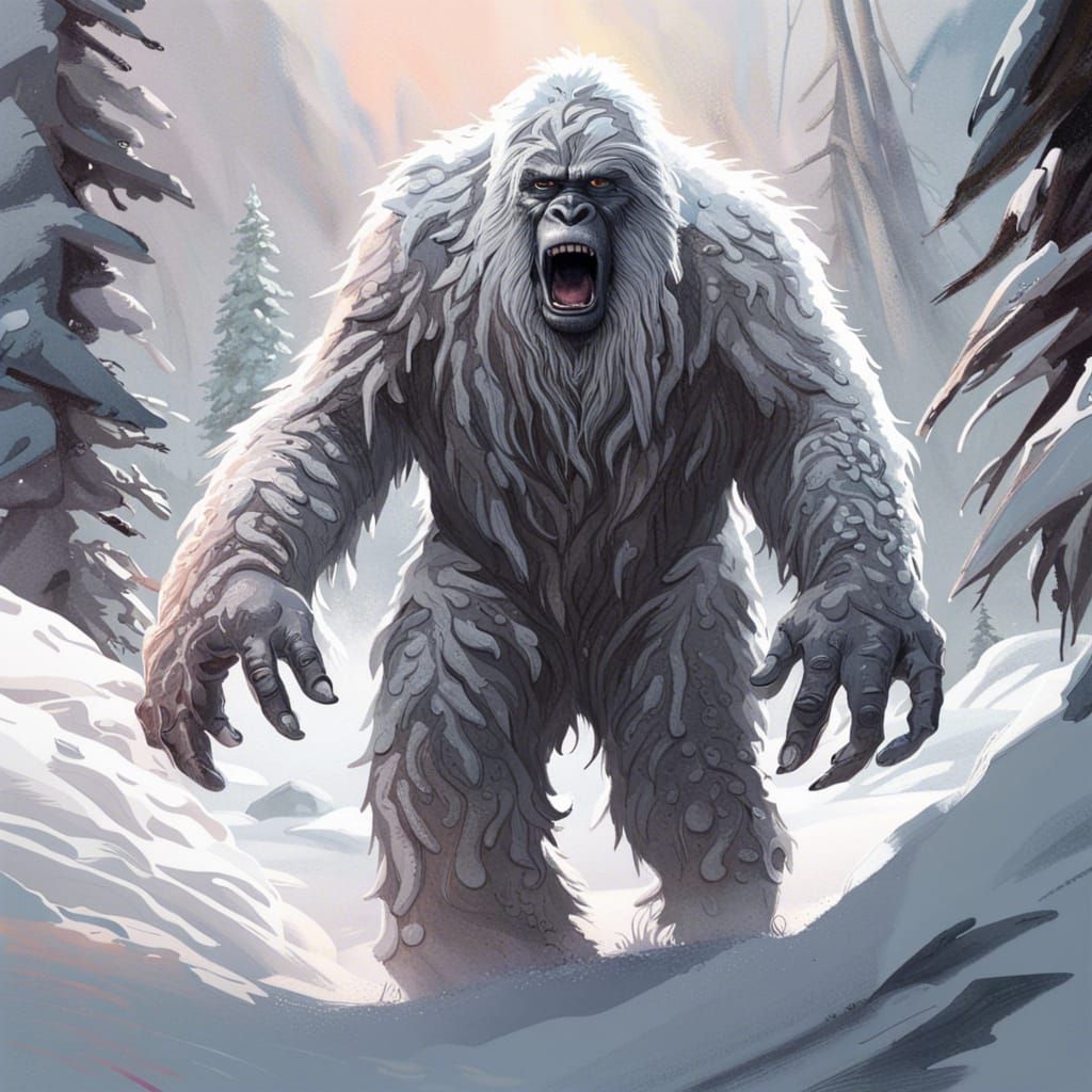 Bigfoot Camouflaged in Snowy Landscape: Hyperrealistic Splas...