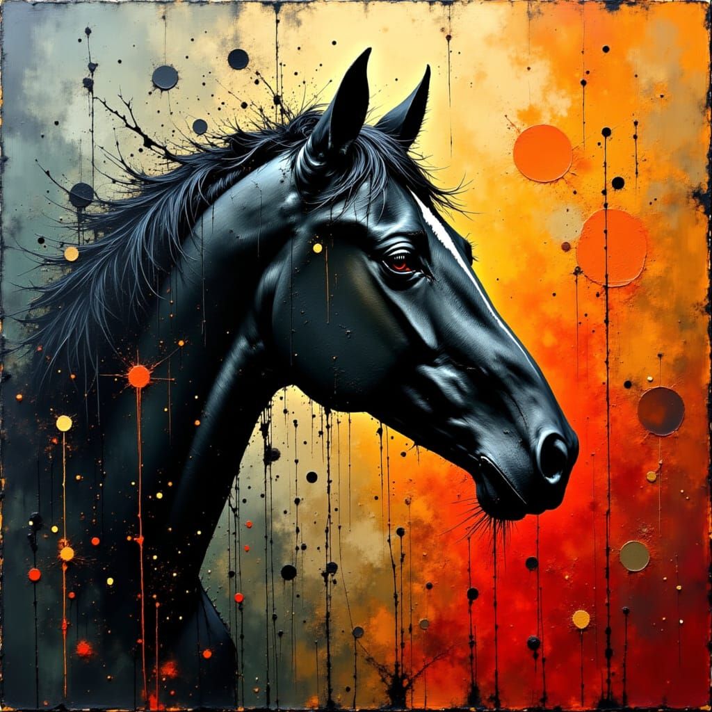 Surreal Black Horse Dissolving in Crimson Smoke