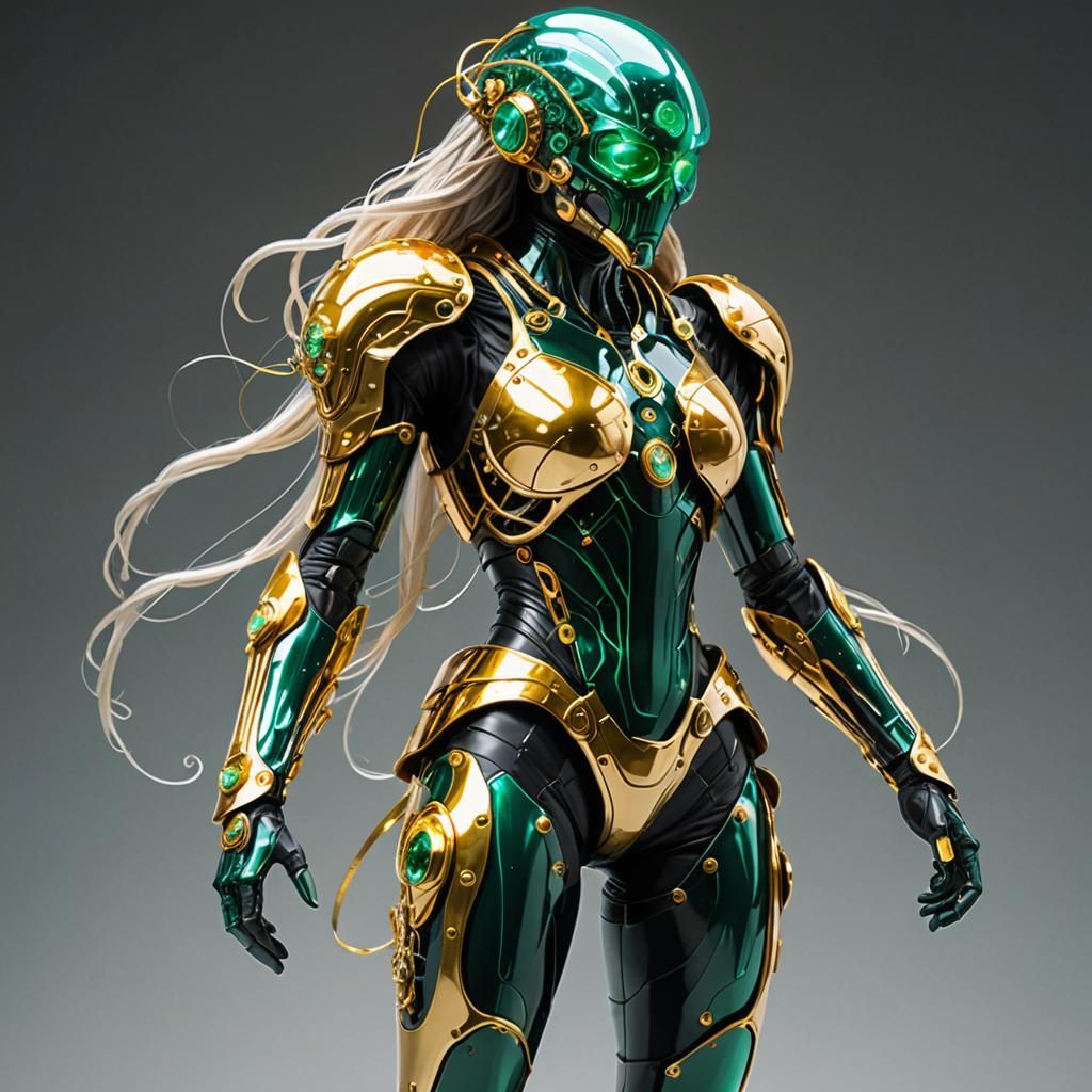 Female Cyborg with Jellyfish Helmet in Dystopian Hallway
