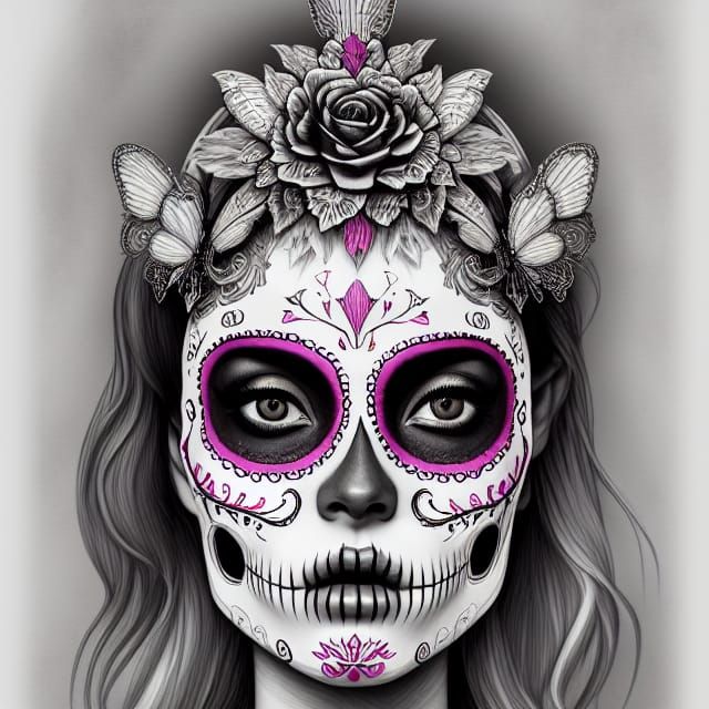Elaborate Sugar Skull Line Art in Celestial Armor