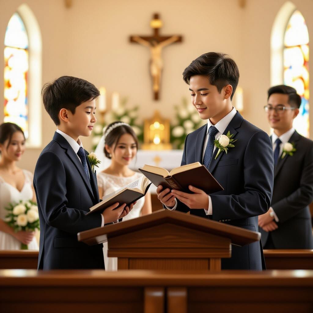 Boy Reading Bible at Pulpit in Anime Style