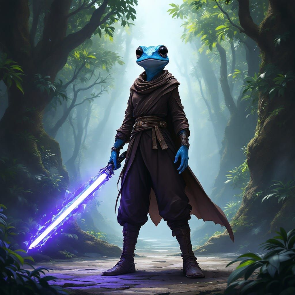 Mystical Blue Frog Jedi in Ancient Rainforest