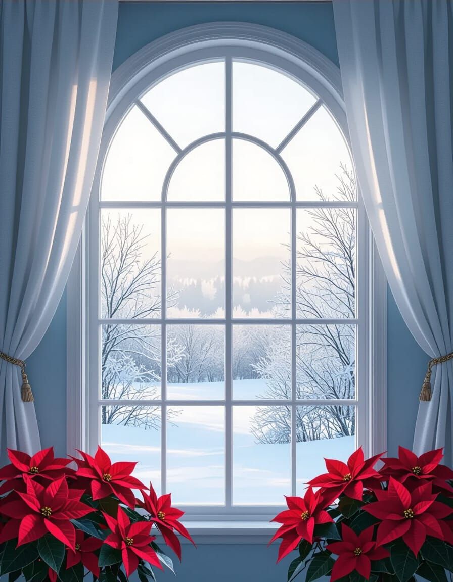 Winter Landscape Through Arched Window in Cinematic Style