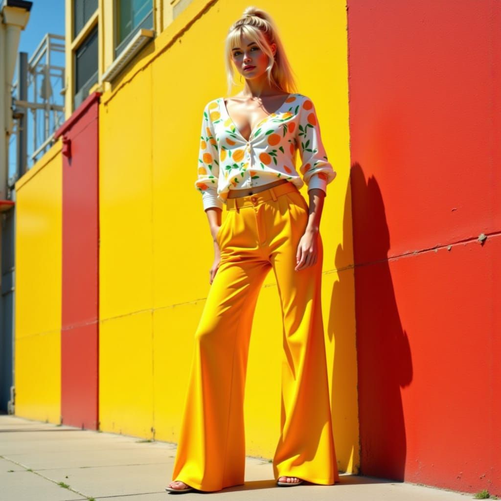 Stylish Woman in Citrus Prints, Summer Urban Vibe