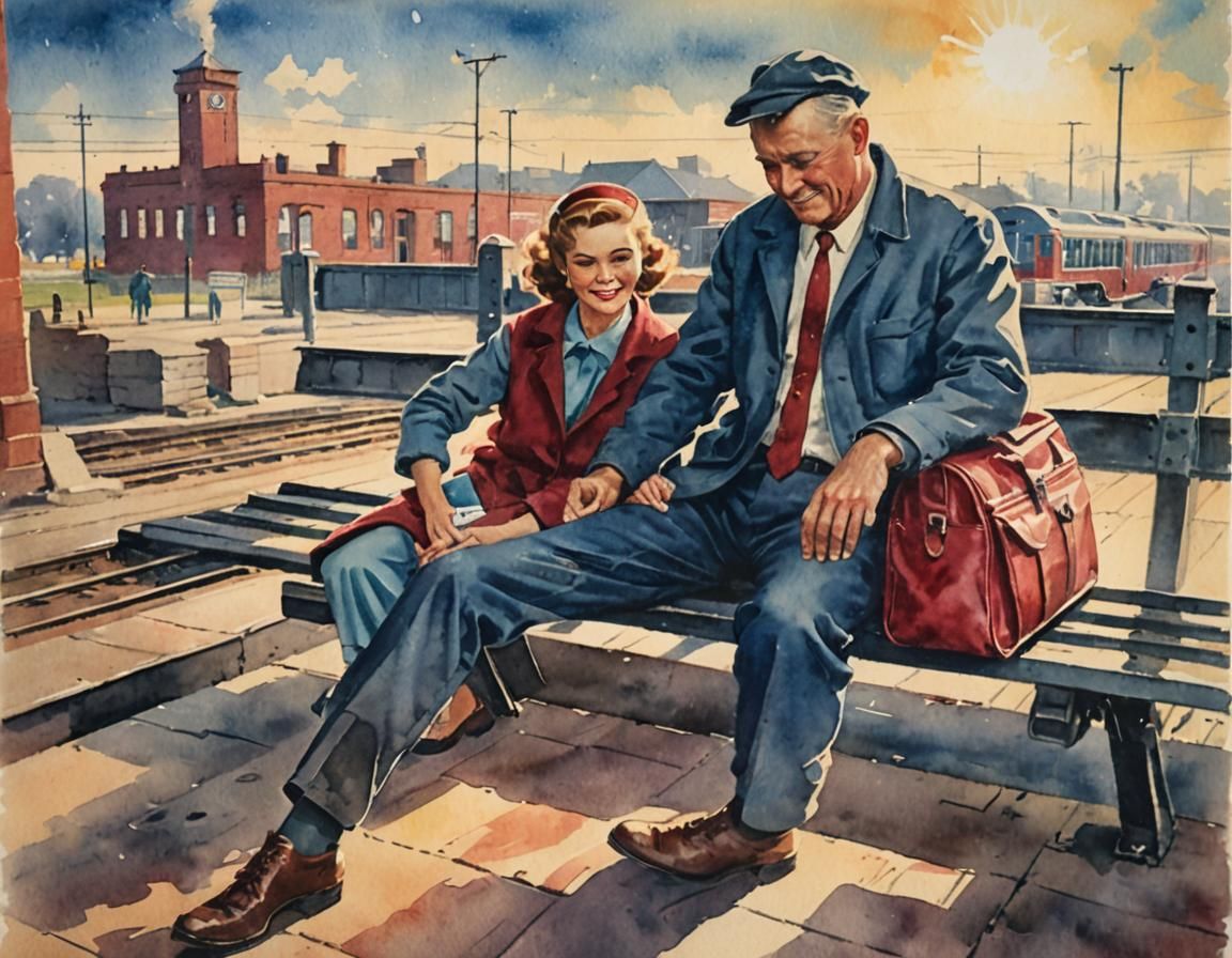 1950s Train Station in Watercolor Sunlight