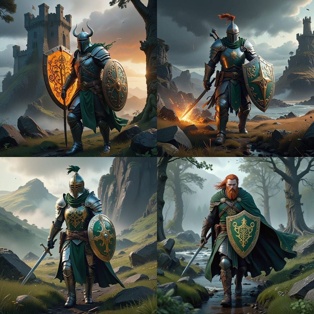 Irish Knight Enters Battle with Shield of Eire