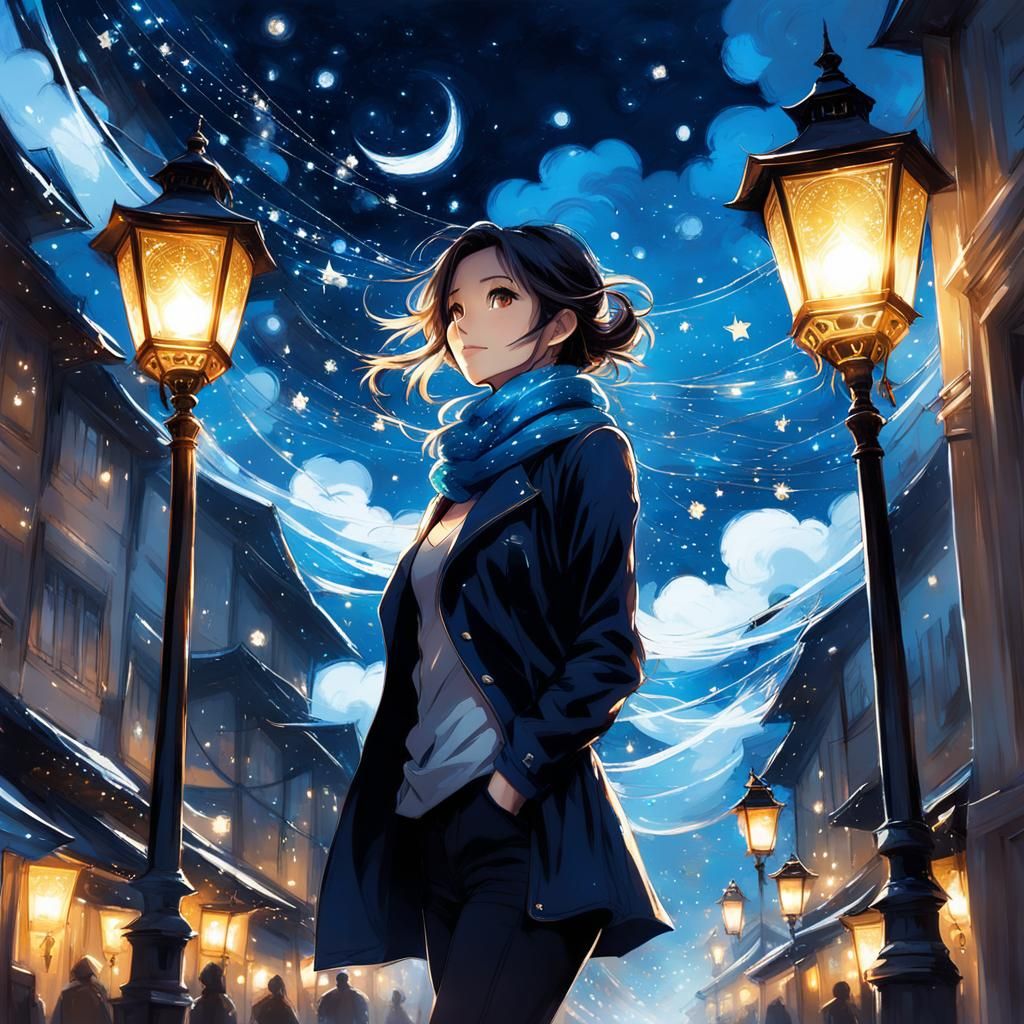 Anime-Style Woman with Starry Scarf at Night