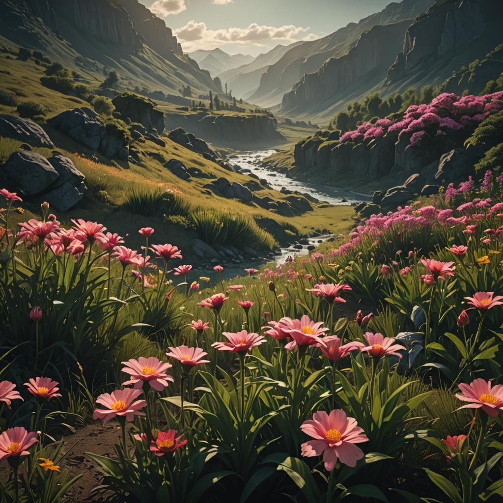 Dramatic Flower Landscape Rendering in Cinematic Style