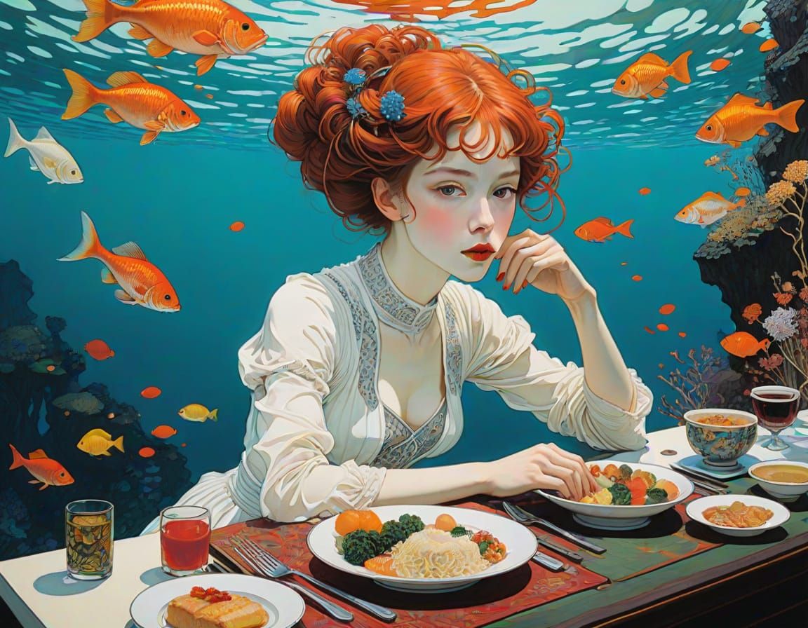 Underwater Dining Scene in Whimsical Line Art