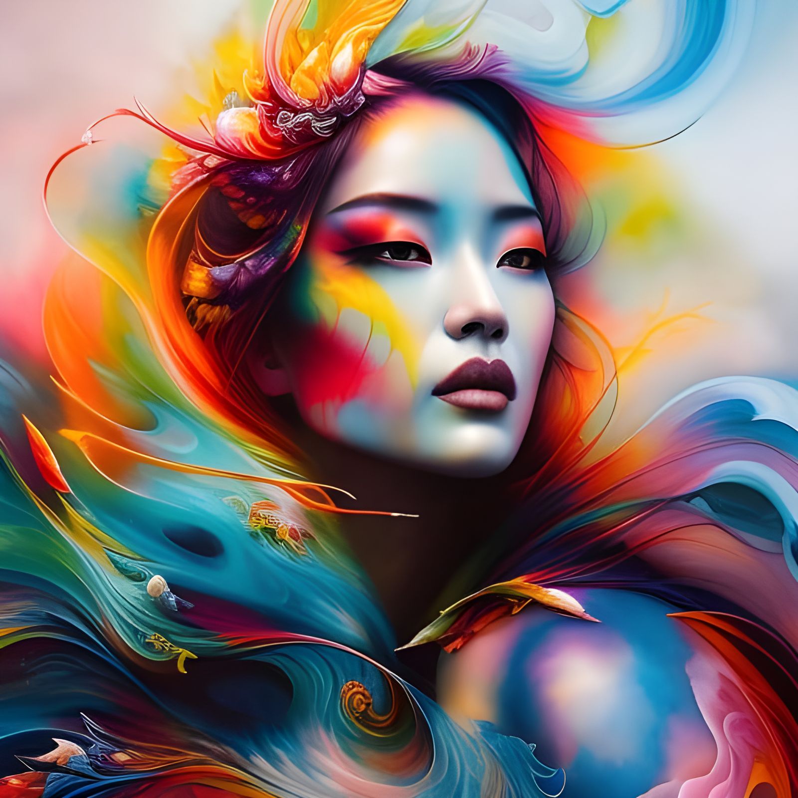 Fiery Girl Portrait with Ink Flow and Dynamic Lighting