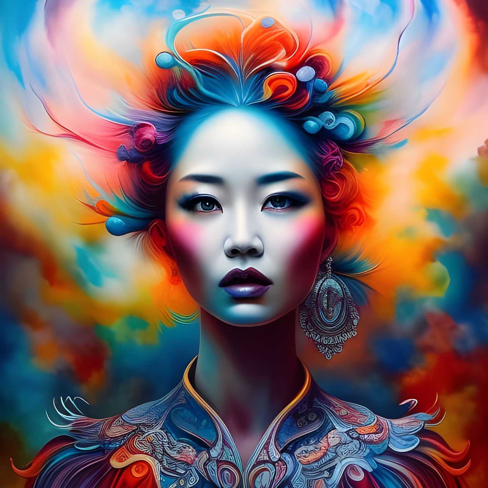 Fiery Woman Portrait in Colorful Ink Flow Style