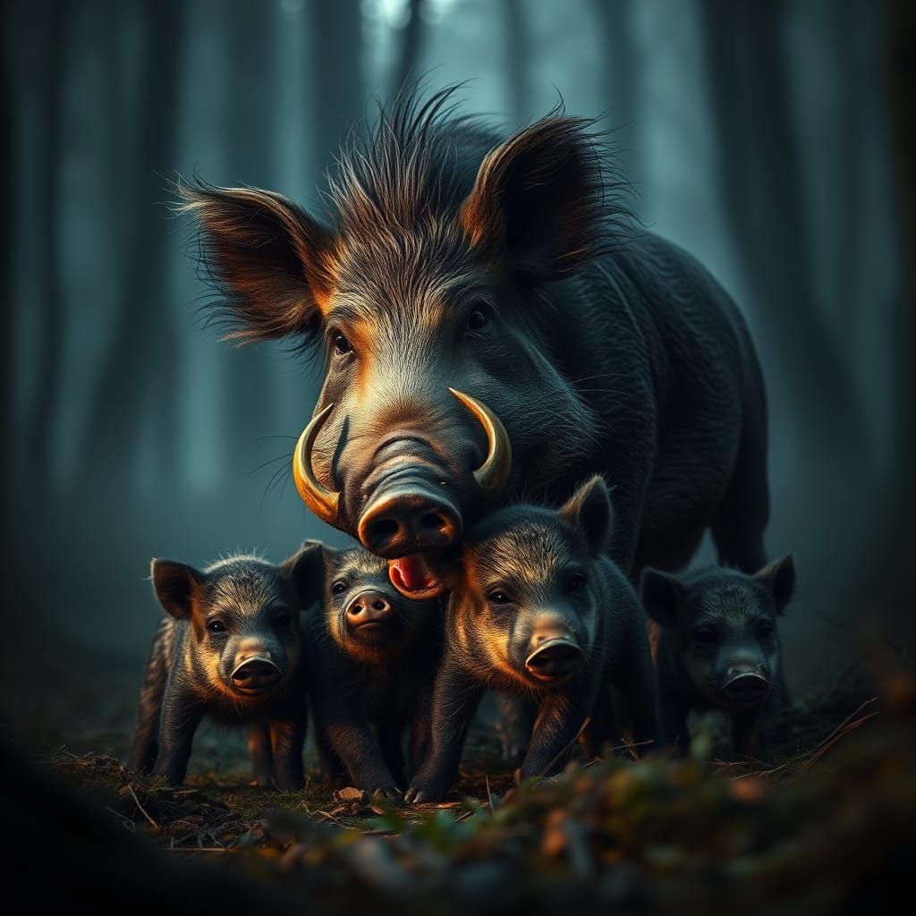 Wild Boar Mother Defends Her Piglets in a Dark Forest