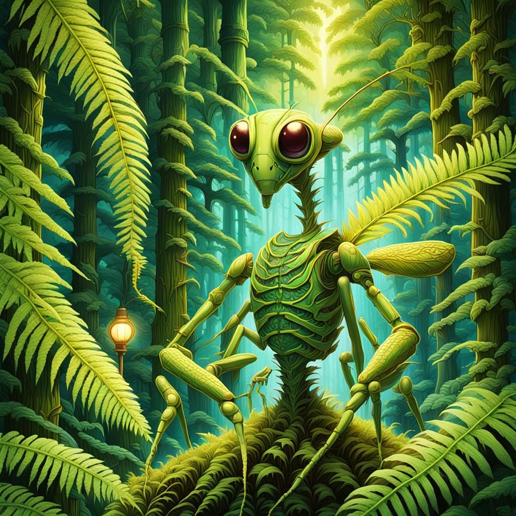 Mantis Merges with Biomechanical Fern in Cel-Shaded Anime St...