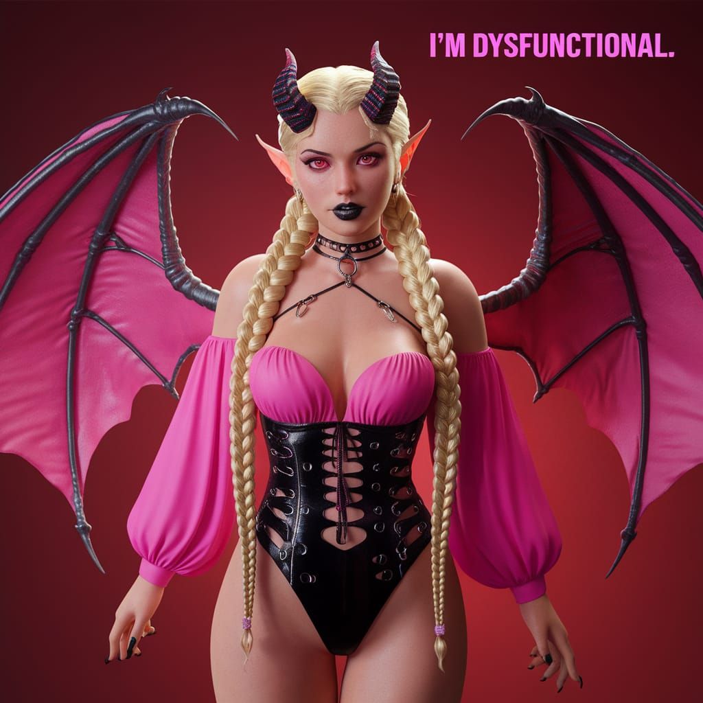 Stunning Demon Woman with Blonde Braids and Wings