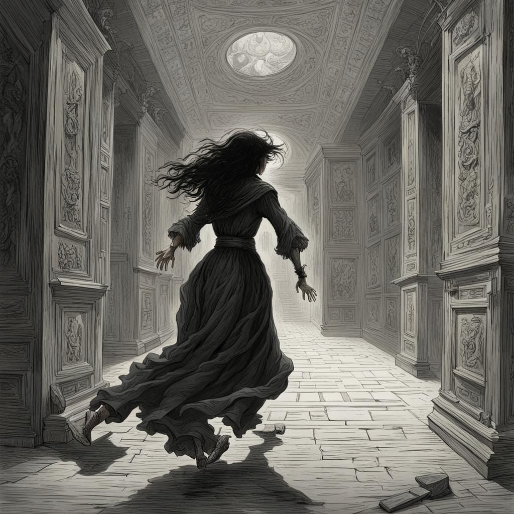 Woman Runs Through Inverted Hall in Gothic Horror Style