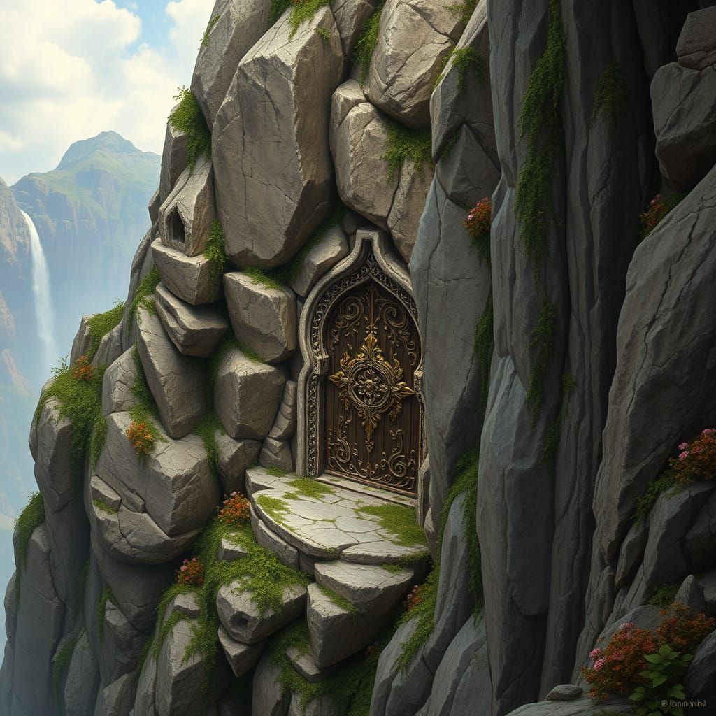 Ornate Door Forged in Cliffside by Dwarven Hands