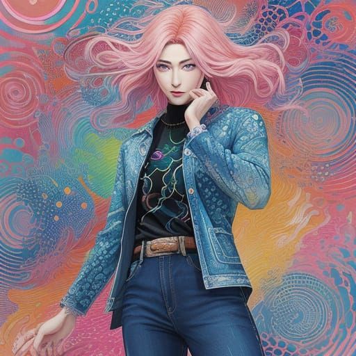 Anime-Inspired Jeans with Acrylic Painting of Flowing Cells