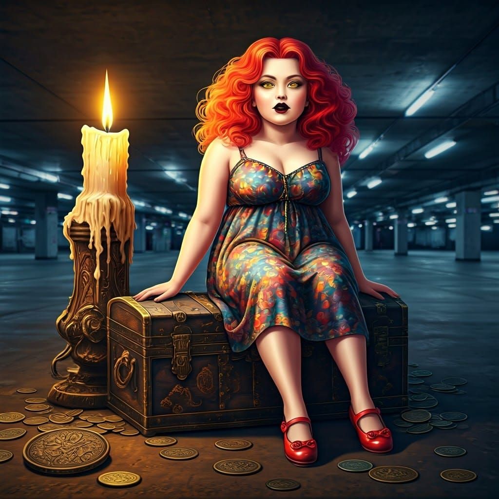 Girl on Treasure Chest in Watercolor Style