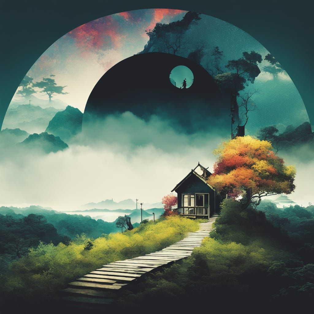 Surreal Landscape with Lush Gardens and Ancient Bonsai