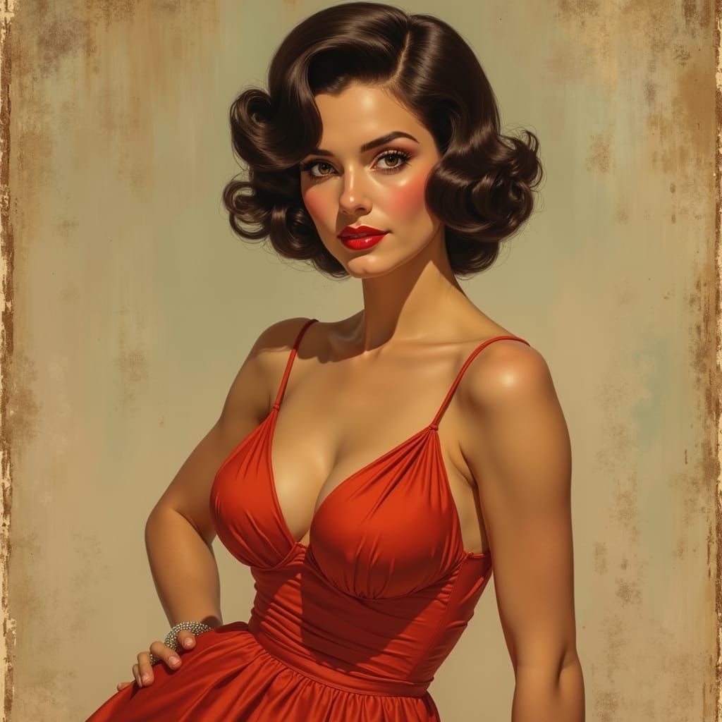 Confident Brunette in Pin-Up Style Art