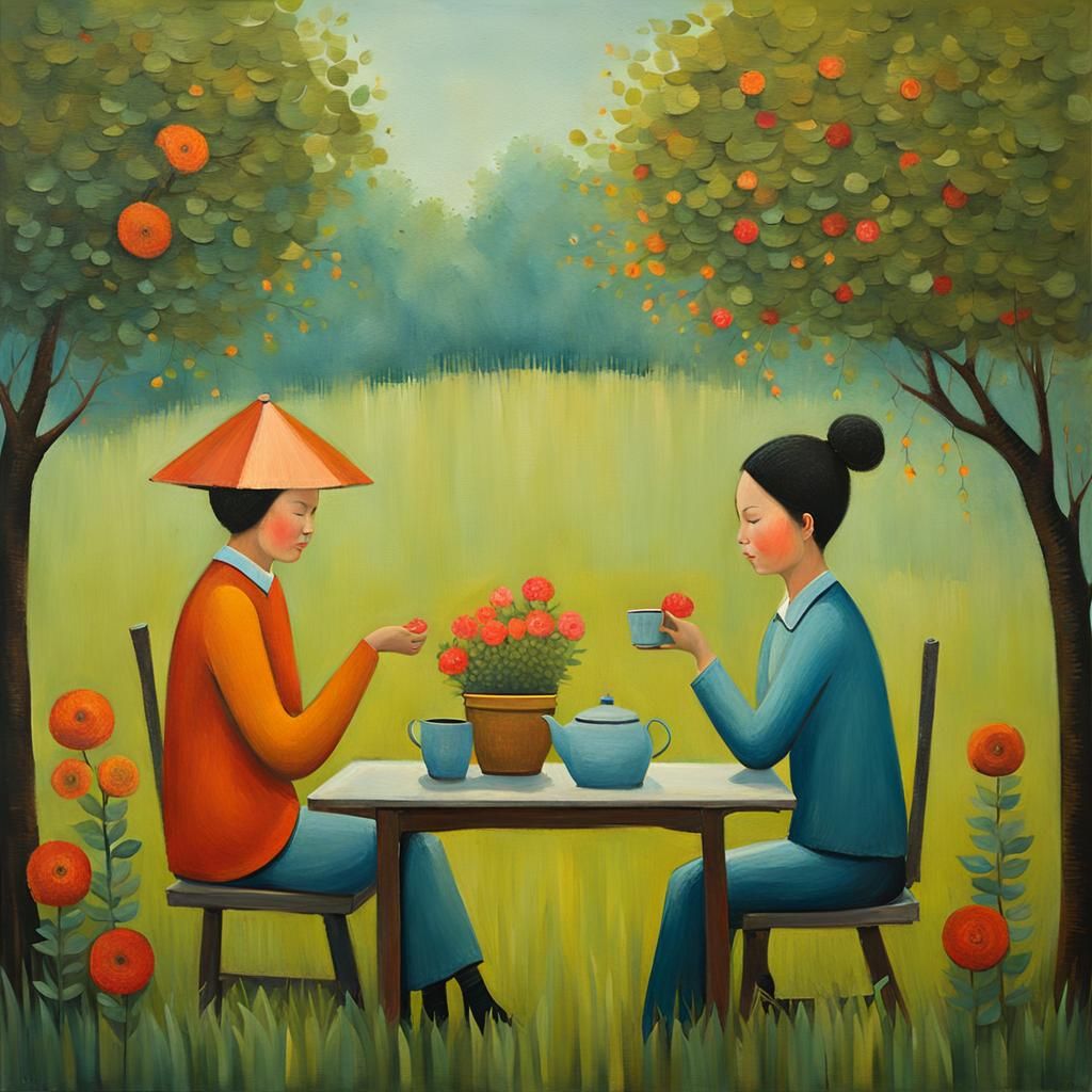 Friends Enjoying Tea: Art Brut Impasto Gouache Painting