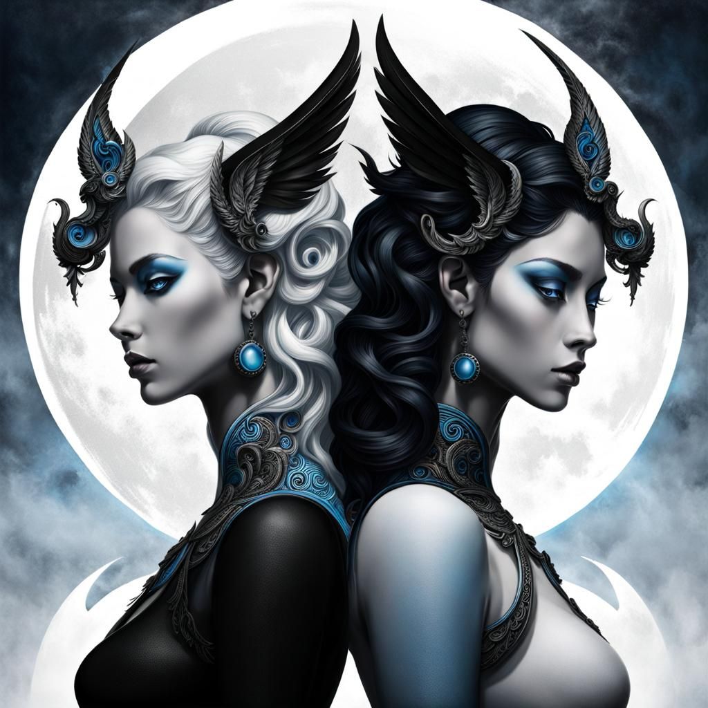 Demon and Angel Twins in Yin Yang Composition