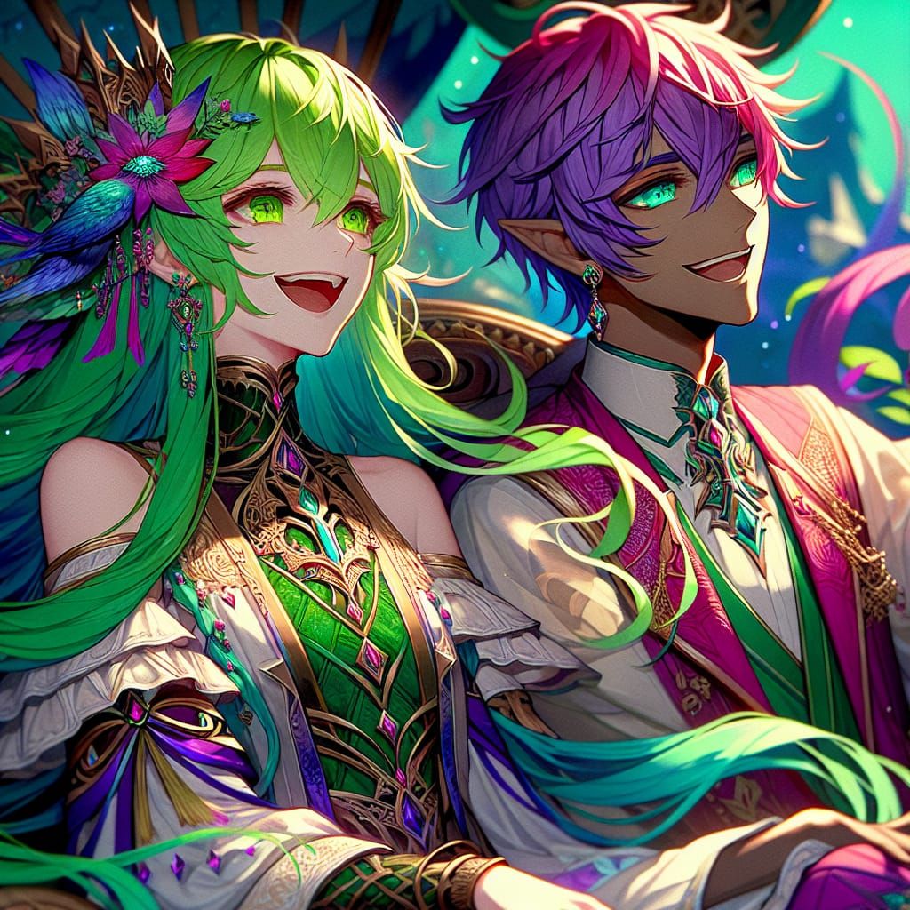 Anime Couple Laughing on Couch in Fantasy Art