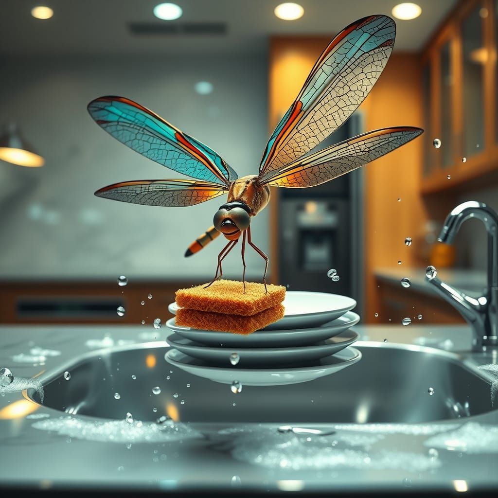 Metallic Dragonfly Cleans Kitchen Sink in Hyperrealistic Art