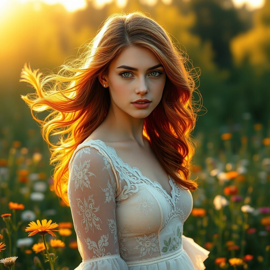 Woman in Wildflower Field at Dawn, Art Nouveau Style