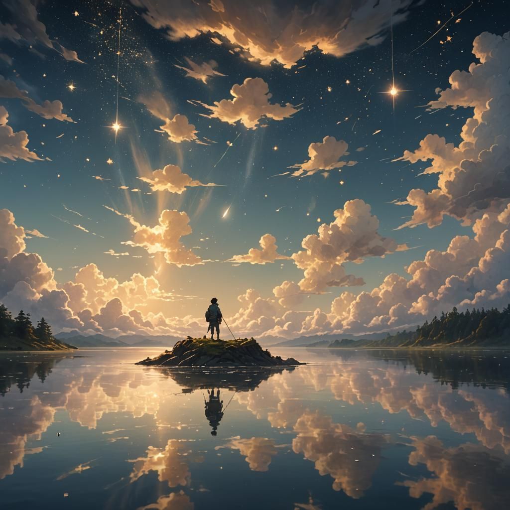 Sky Lake Fisherman Catches Stars: Fantasy Art