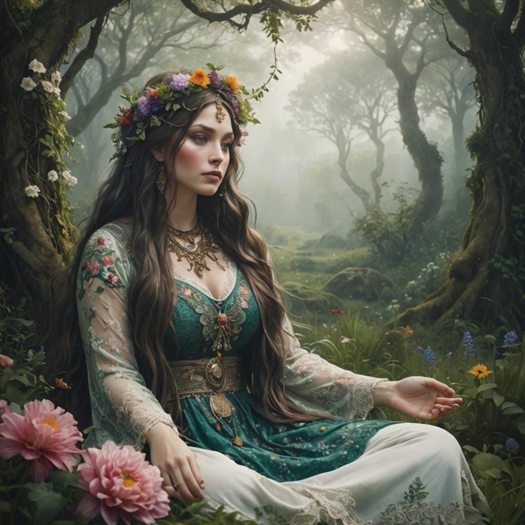 Dreaming Woman Meditating in Lush Meadow