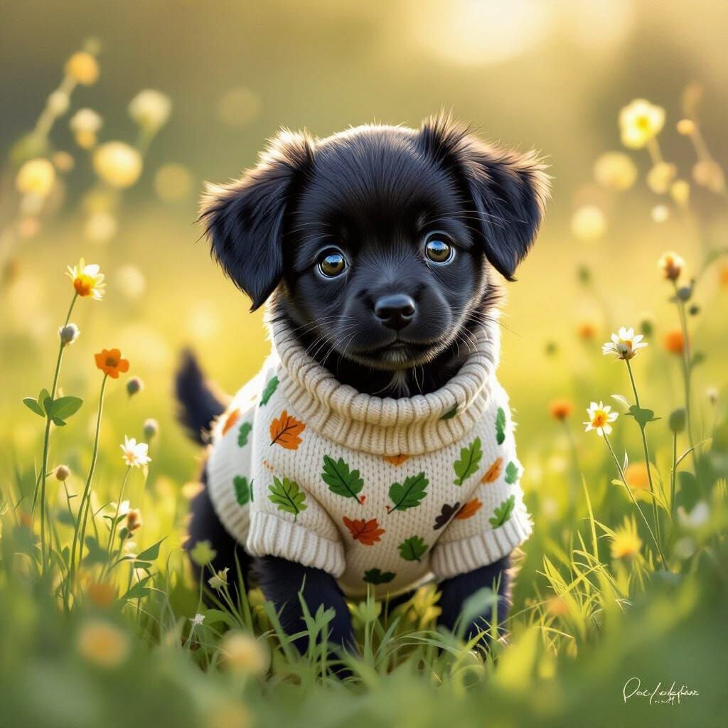 Adorable Black Puppy in Leaf Sweater on Sunny Field