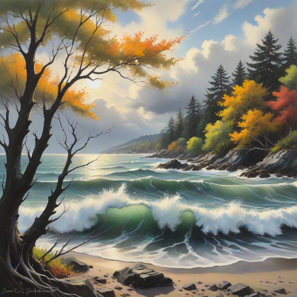 Dynamic Oil Painting of Trees by the Sea