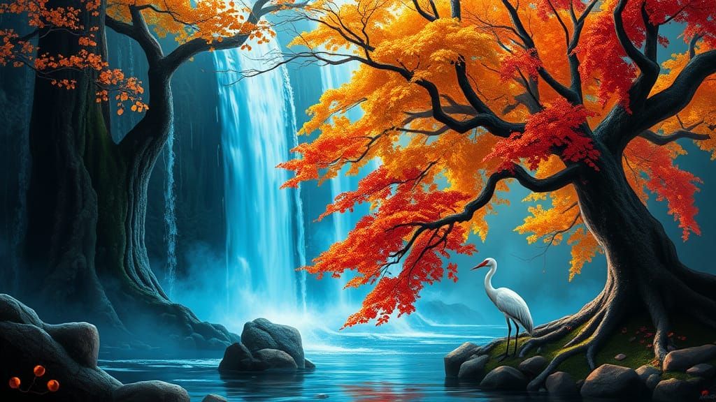 Autumn Tree and Waterfall in Fantasy Digital Painting