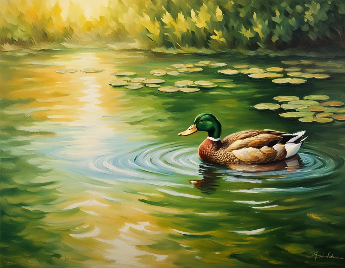 Impressionist Duck in Golden Light Lake Painting