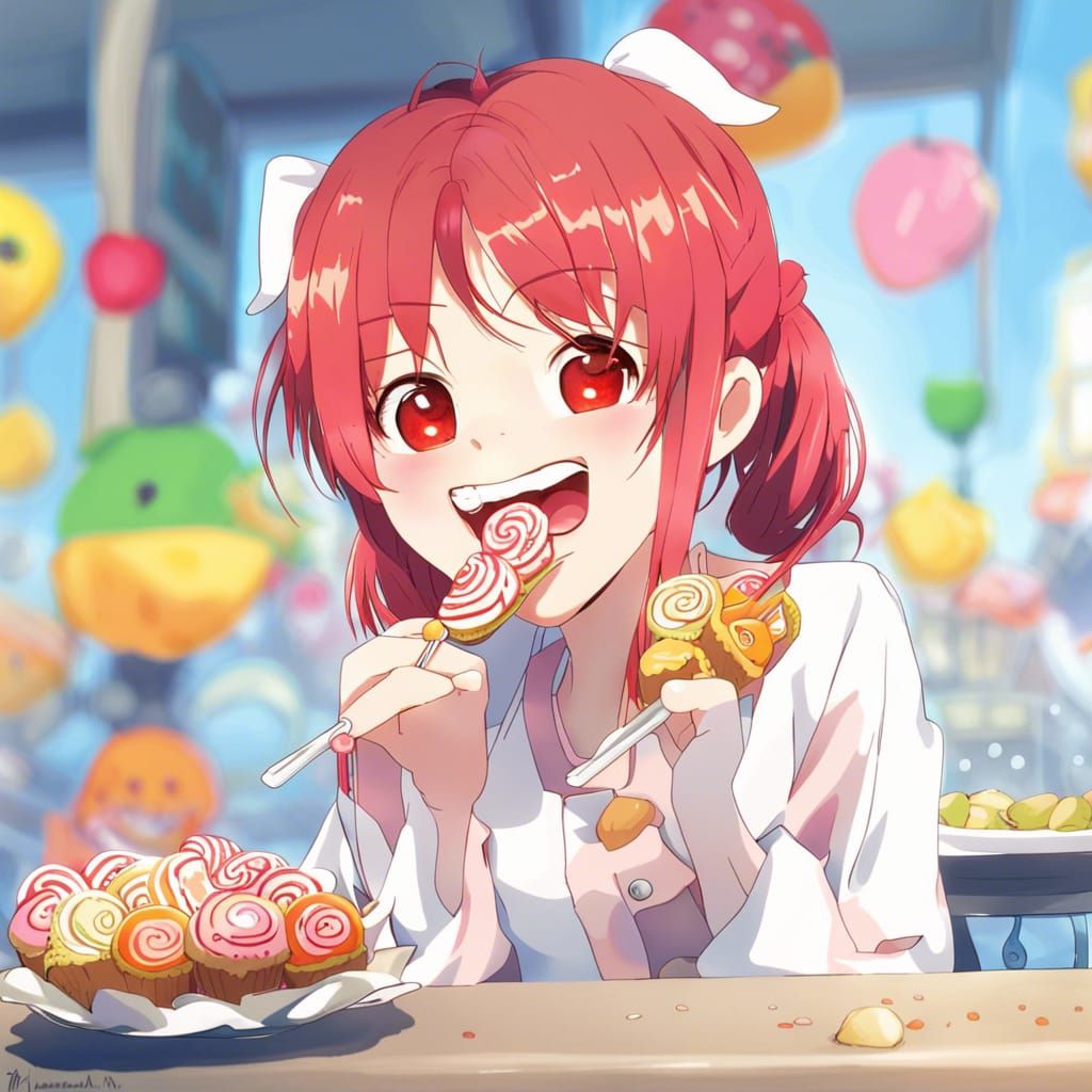 Red-Haired Girl Enjoys Sweets in Anime Style