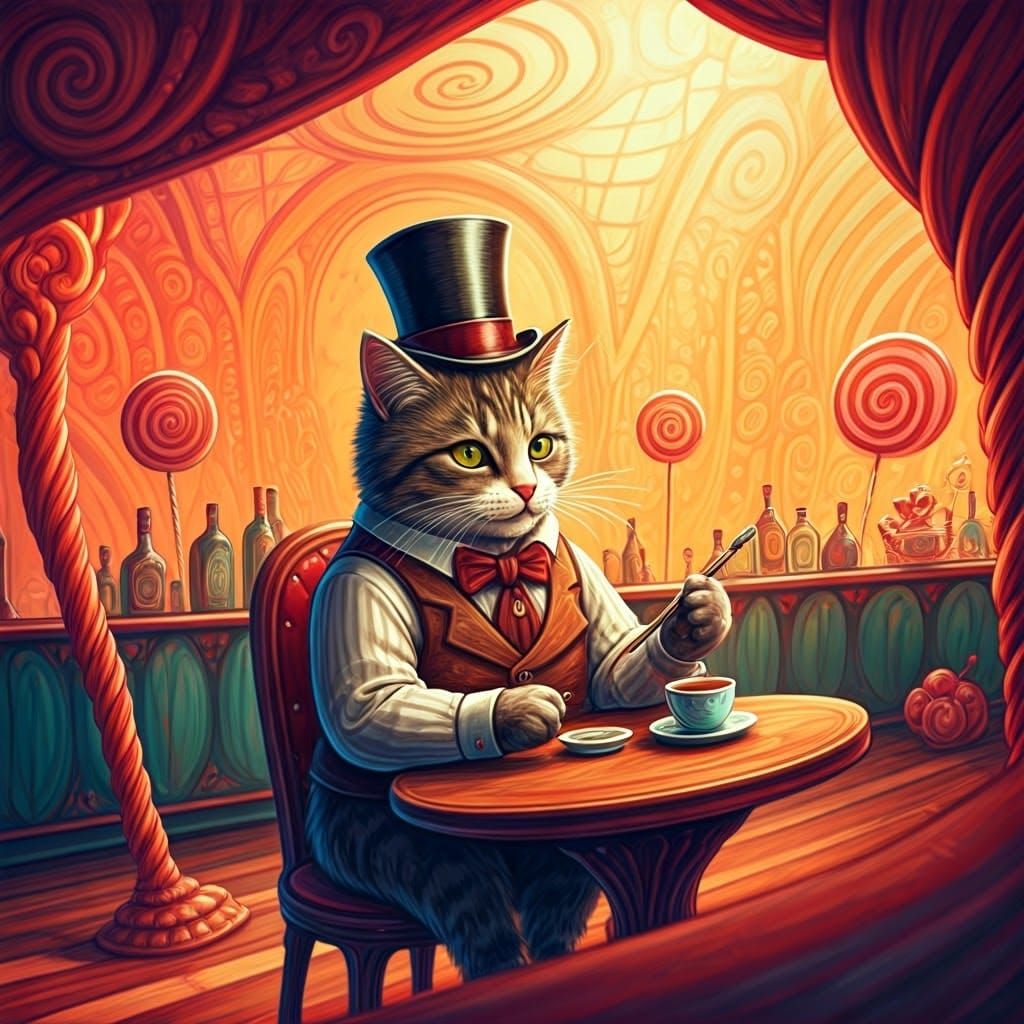 Dapper Feline Artist Sips Tea in Vibrant Candyland Wonderlan...