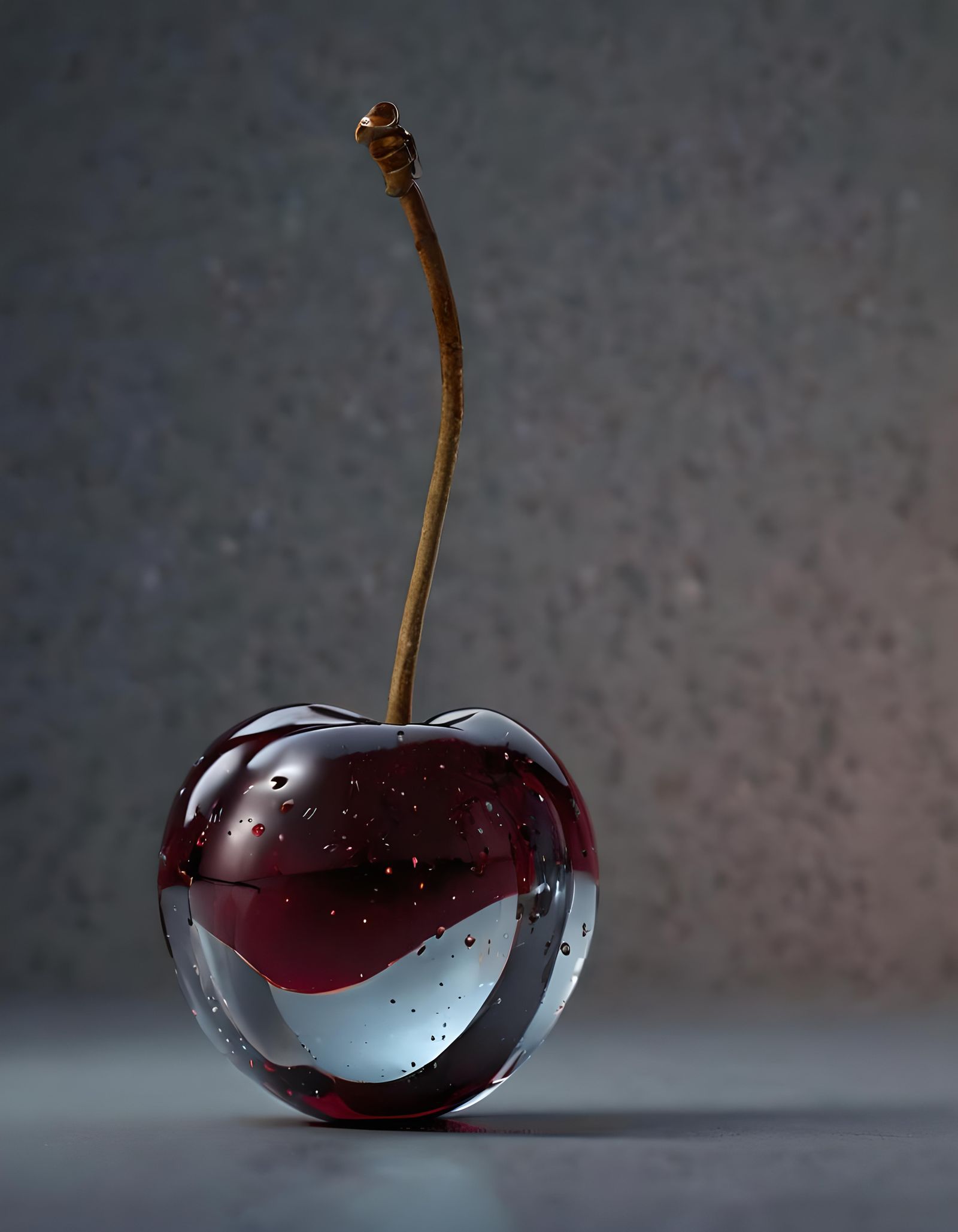 Hyperrealistic Glass Cherry Portrait at Night