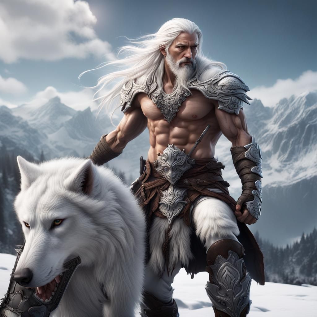 Hyperrealistic Muscular Warrior with White Wolf in Snowy Mou...