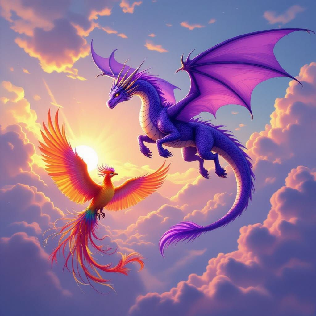 Purple Dragon Soaring Above Rainbow Phoenix, Whimsical Art