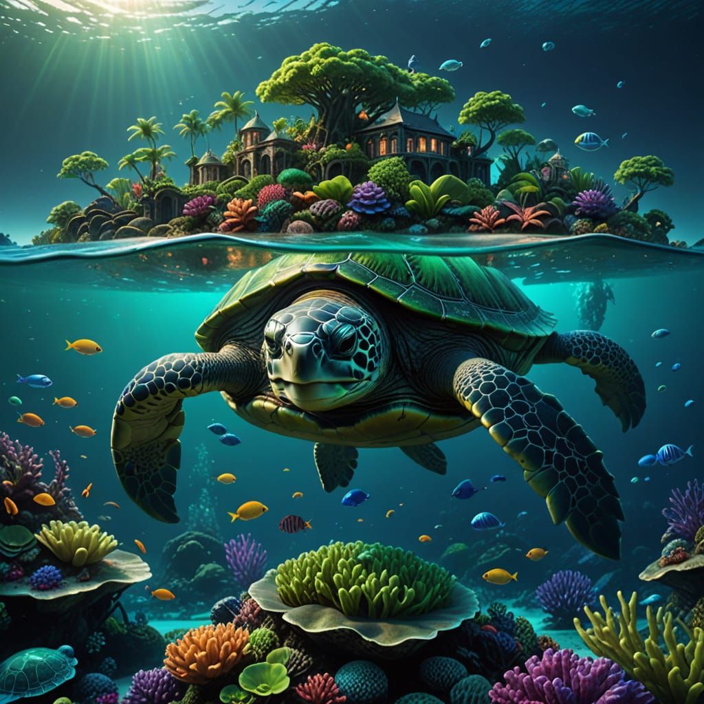 A island Formed on the shell of the giant turtle swimming in...