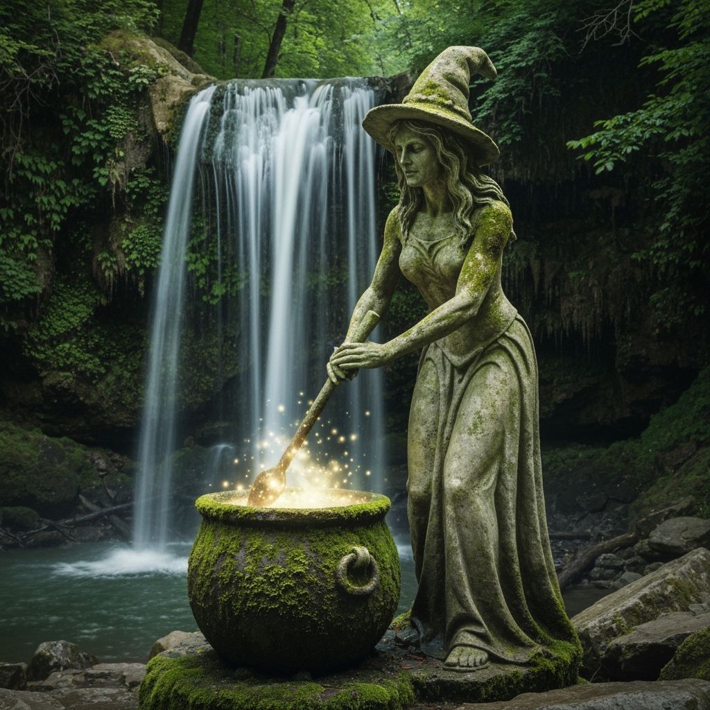 Mossy Witch Statue by Waterfall, Stirring Luminescent Potion