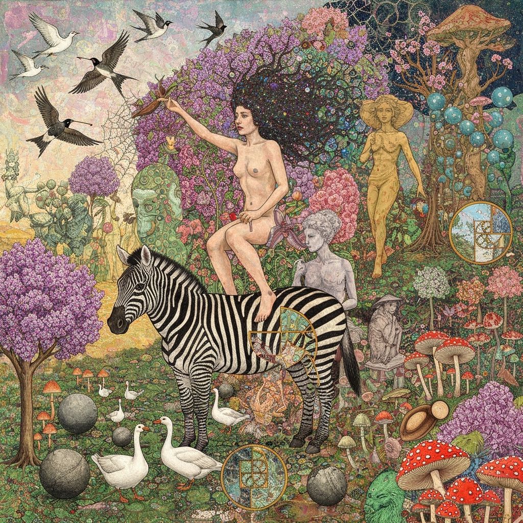Goddess of Life Rides Zebra Through Surreal Mental Landscape