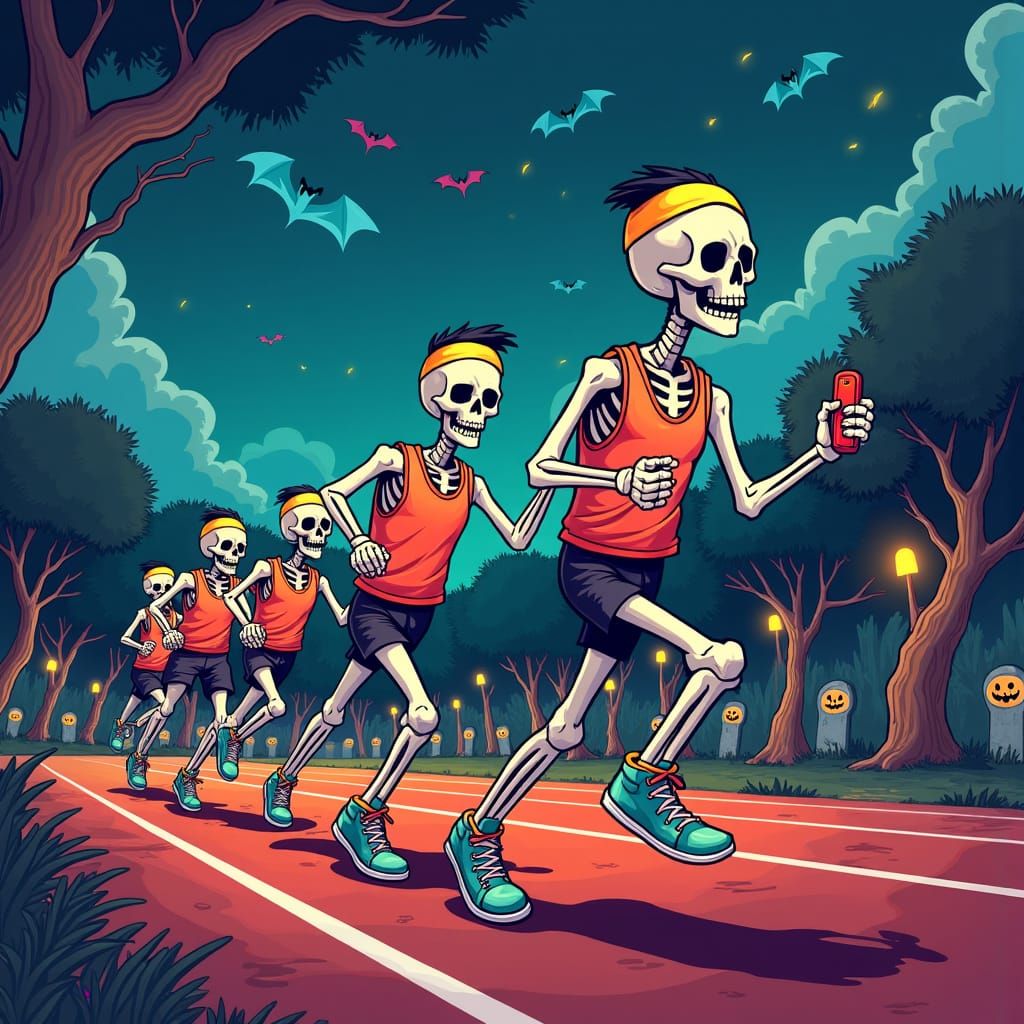 Cartoon Skeletons Race in Spooky Stadium