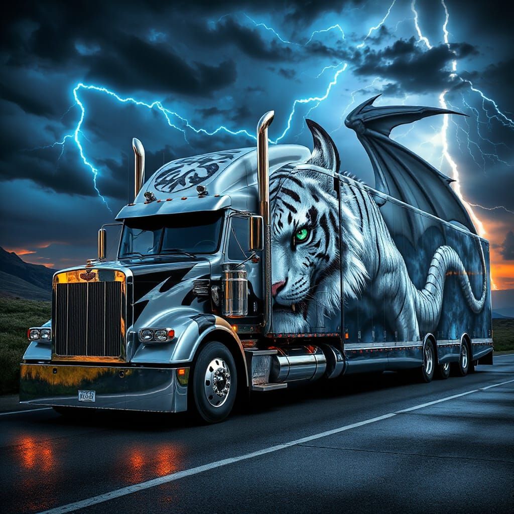 Tiger-Dragon Airbrush Mural on Semi-Truck, Fantasy Art