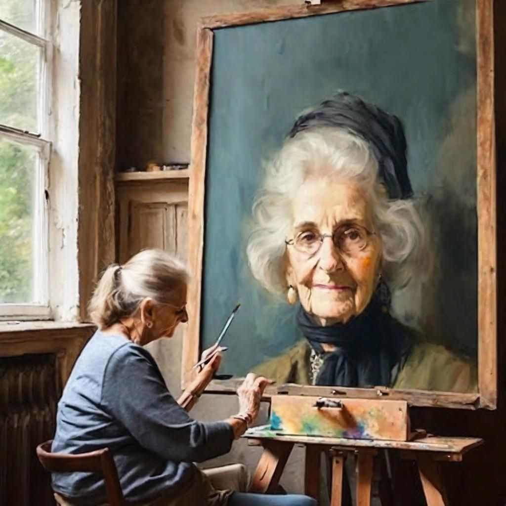 Elderly Artist Capturing Youth on Canvas