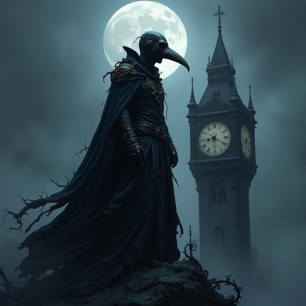 Dark Gothic Doctor Stands atop Clock Tower in Moonlit Night