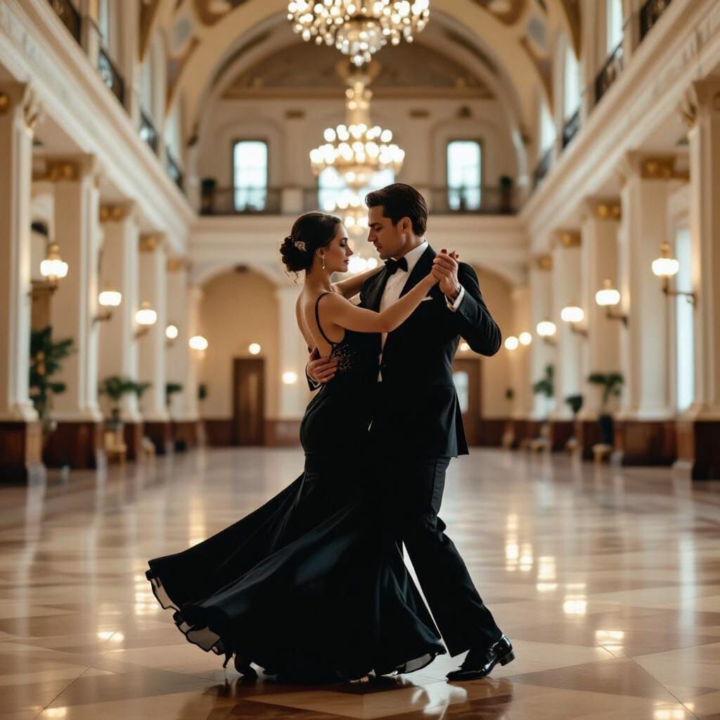 Couple Dances Tango in Ornate Hall, Cinematic Film Noir Styl...