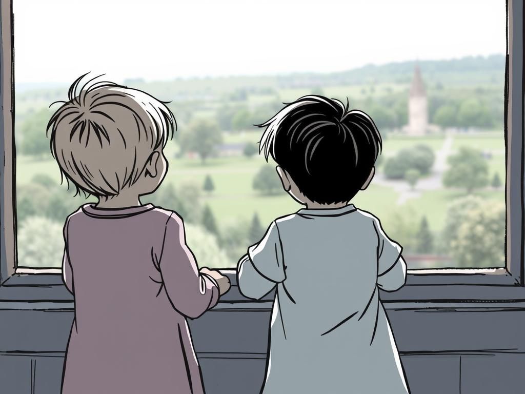 Toddler Siblings Await Dad: Rackham & Martin Style